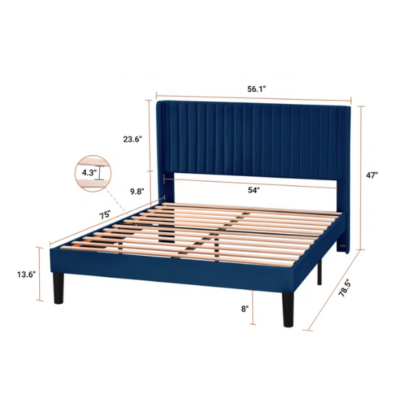 Navy blue full-size velvet upholstered bed frame with tufted wingback headboard and slatted base