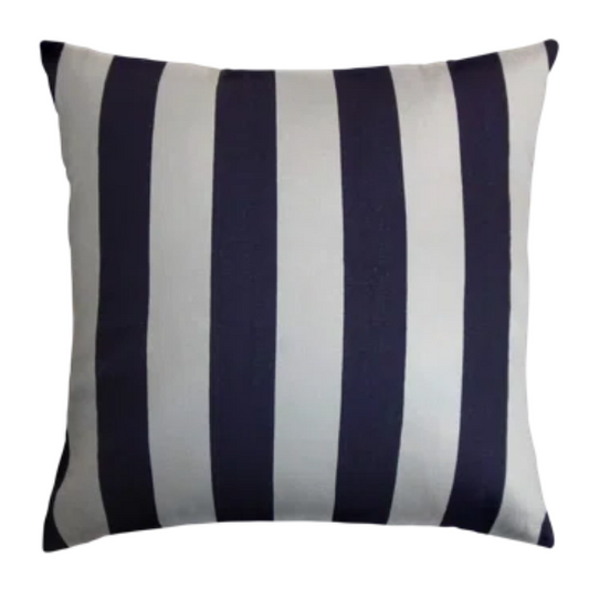 Navy blue and white striped accent pillow – reversible, weather-resistant, and overstuffed with polyester fill; perfect for indoor and outdoor use on patios, porches, or sofas.

