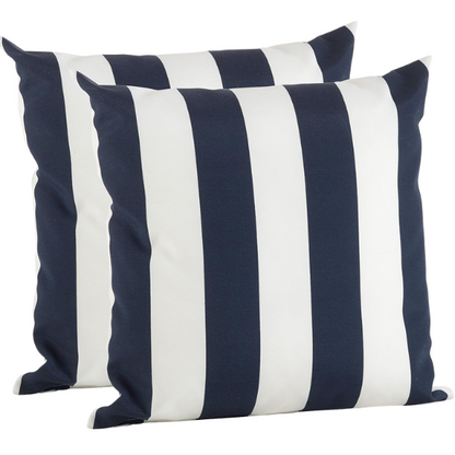 Navy blue and white striped accent pillow – reversible, weather-resistant, and overstuffed with polyester fill; perfect for indoor and outdoor use on patios, porches, or sofas.

