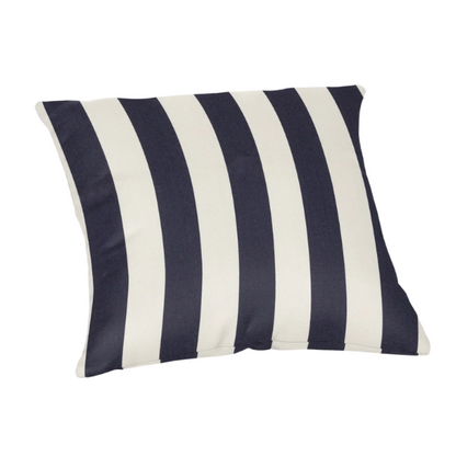 Navy blue and white striped accent pillow – reversible, weather-resistant, and overstuffed with polyester fill; perfect for indoor and outdoor use on patios, porches, or sofas.

