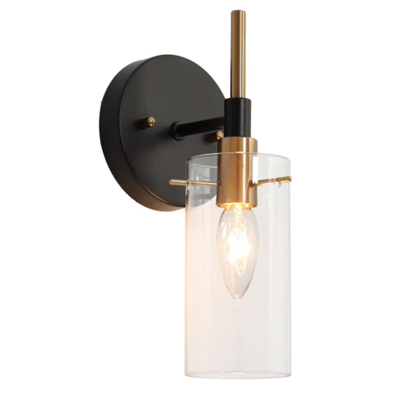 Nordic modern wall sconce with matte black finish, electroplated brass arm, and clear cylindrical glass shade – stylish uplight or downlight fixture

