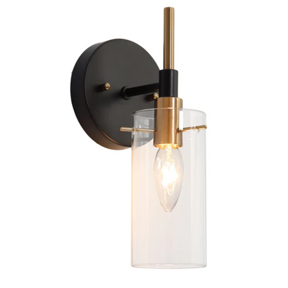 Nordic modern wall sconce with matte black finish, electroplated brass arm, and clear cylindrical glass shade – stylish uplight or downlight fixture

