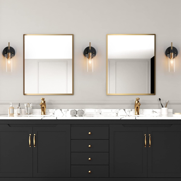 Nordic modern wall sconce with matte black finish, electroplated brass arm, and clear cylindrical glass shade – stylish uplight or downlight fixture

