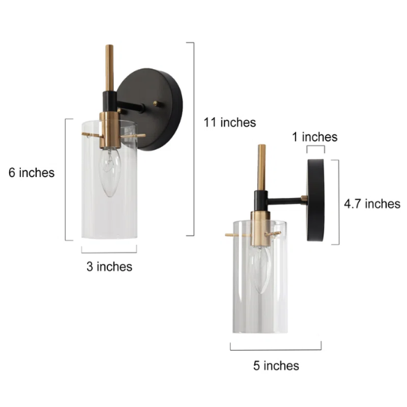 Nordic modern wall sconce with matte black finish, electroplated brass arm, and clear cylindrical glass shade – stylish uplight or downlight fixture

