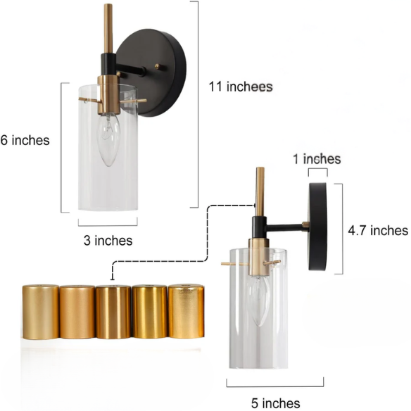 Nordic modern wall sconce with matte black finish, electroplated brass arm, and clear cylindrical glass shade – stylish uplight or downlight fixture

