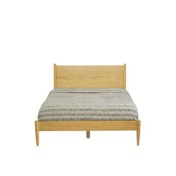 Full-size mid-century platform bed in natural oak finish with tapered legs and rectangular headboard