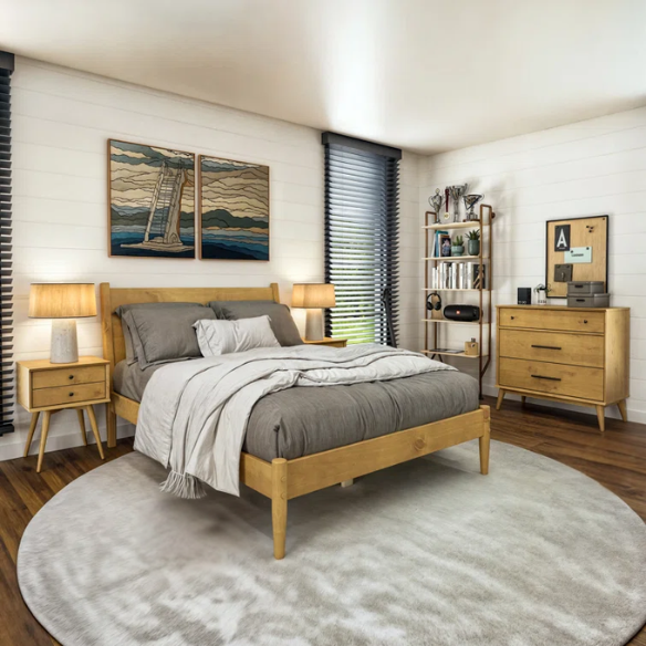 Full-size mid-century platform bed in natural oak finish with tapered legs and rectangular headboard