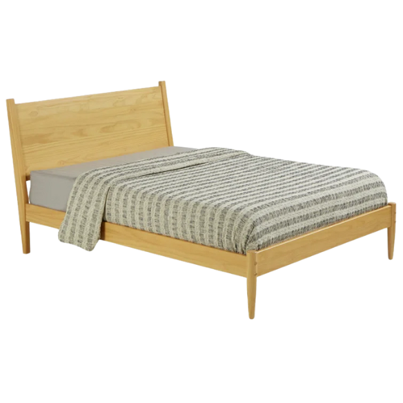 Full-size mid-century platform bed in natural oak finish with tapered legs and rectangular headboard