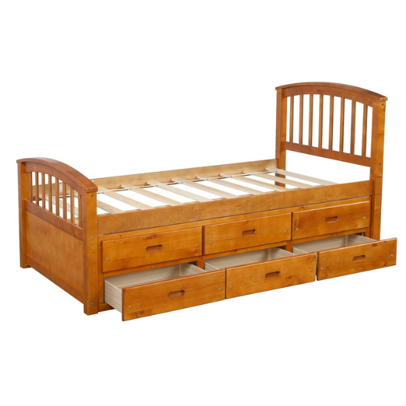 Oak twin bed frame made of solid pine wood with underbed storage drawers, eco-friendly finish, and slatted base, ideal for children or teens in a rustic or modern bedroom.

