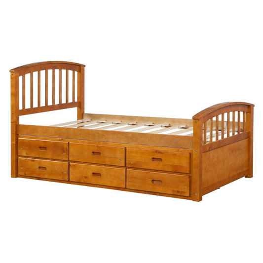 Oak twin bed frame made of solid pine wood with underbed storage drawers, eco-friendly finish, and slatted base, ideal for children or teens in a rustic or modern bedroom.

