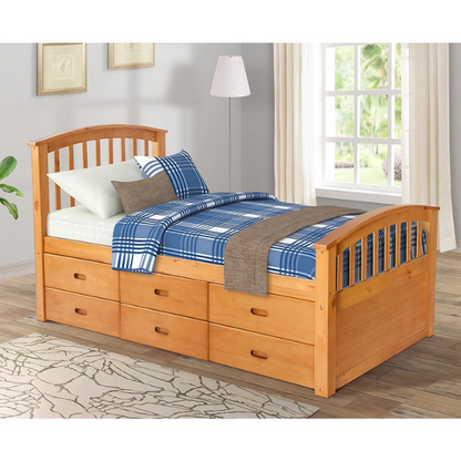 Oak twin bed frame made of solid pine wood with underbed storage drawers, eco-friendly finish, and slatted base, ideal for children or teens in a rustic or modern bedroom.

