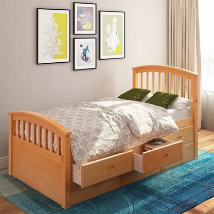 Oak twin bed frame made of solid pine wood with underbed storage drawers, eco-friendly finish, and slatted base, ideal for children or teens in a rustic or modern bedroom.

