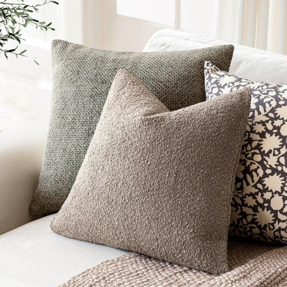 Oatmeal beige boucle throw pillow cover with soft loop texture, 18x18 inches – modern cozy accent for sofa, bed, or armchair