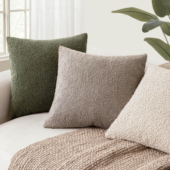 Oatmeal beige boucle throw pillow cover with soft loop texture, 18x18 inches – modern cozy accent for sofa, bed, or armchair