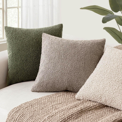 Oatmeal beige boucle throw pillow cover with soft loop texture, 18x18 inches – modern cozy accent for sofa, bed, or armchair