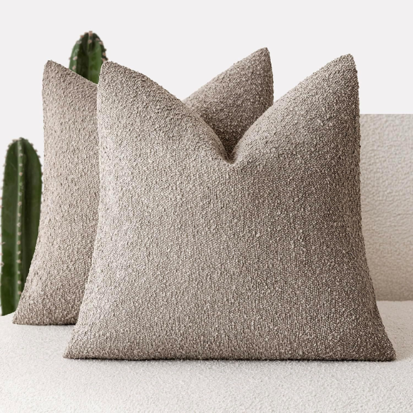 Oatmeal beige boucle throw pillow cover with soft loop texture, 18x18 inches – modern cozy accent for sofa, bed, or armchair