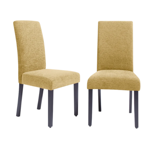 Set of two ochre upholstered dining chairs with high backs, espresso wood frames, and cushioned polyester seats.