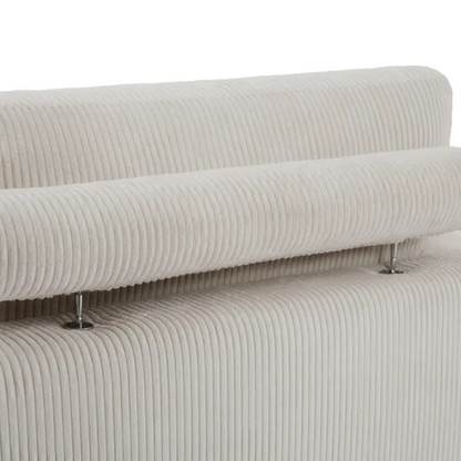 Off-white corduroy convertible sleeper sofa with adjustable headrest, twin bed functionality, and mid-century wooden legs