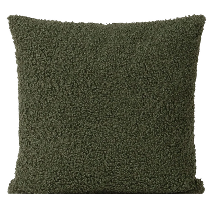 Olive drab bouclé throw pillow with textured loop fabric, square accent pillow on neutral sofa

