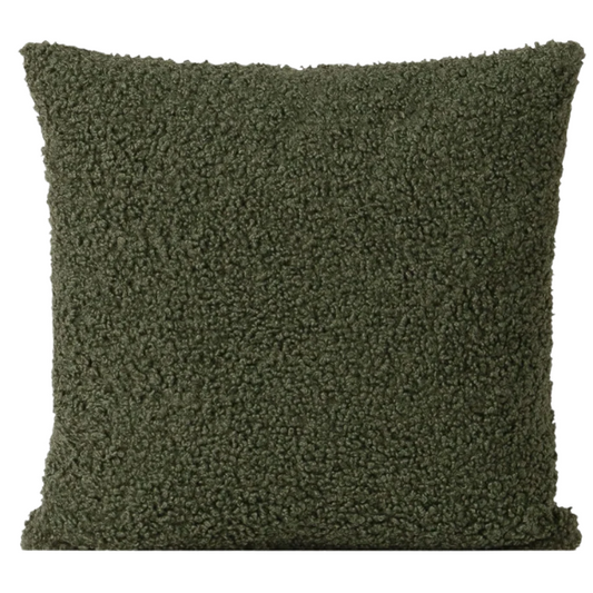 Olive drab bouclé throw pillow with textured loop fabric, square accent pillow on neutral sofa

