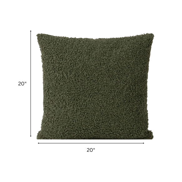 Olive drab bouclé throw pillow with textured loop fabric, square accent pillow on neutral sofa

