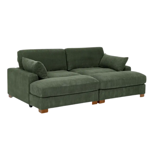 Olive drab corduroy convertible sleeper sofa with adjustable headrest, twin bed function, and mid-century wood legs