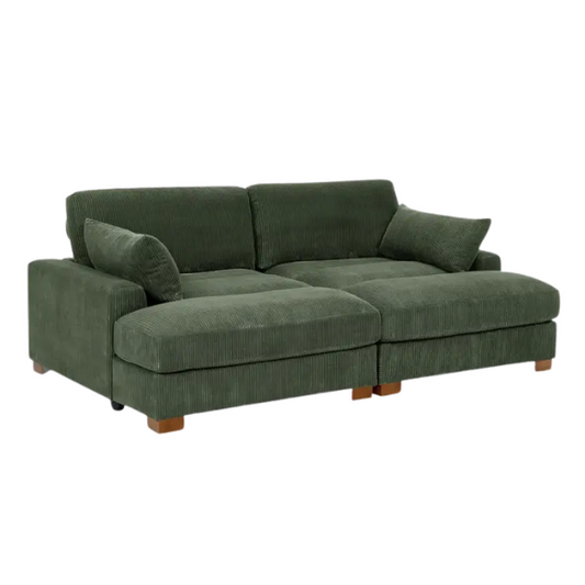 Olive drab corduroy convertible sleeper sofa with adjustable headrest, twin bed function, and mid-century wood legs