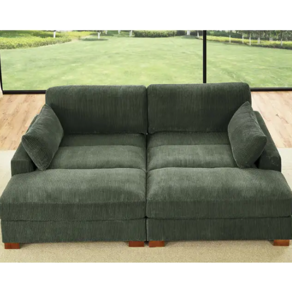 Olive drab corduroy convertible sleeper sofa with adjustable headrest, twin bed function, and mid-century wood legs