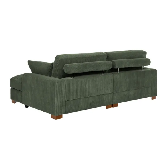 Olive drab corduroy convertible sleeper sofa with adjustable headrest, twin bed function, and mid-century wood legs
