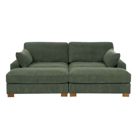 Olive drab corduroy convertible sleeper sofa with adjustable headrest, twin bed function, and mid-century wood legs
