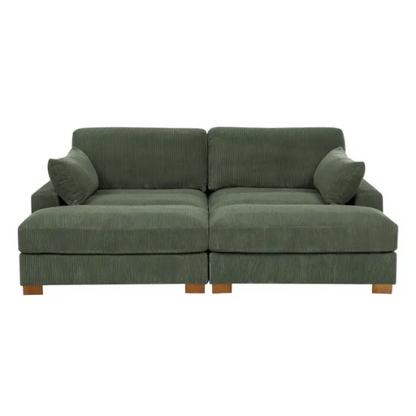 Olive drab corduroy convertible sleeper sofa with adjustable headrest, twin bed function, and mid-century wood legs