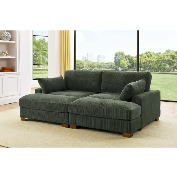 Olive drab corduroy convertible sleeper sofa with adjustable headrest, twin bed function, and mid-century wood legs