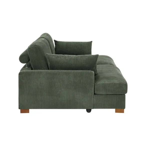 Olive drab corduroy convertible sleeper sofa with adjustable headrest, twin bed function, and mid-century wood legs