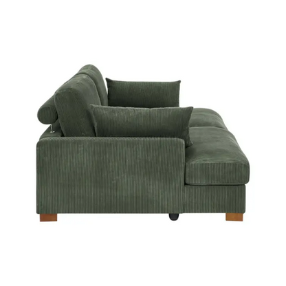 Olive drab corduroy convertible sleeper sofa with adjustable headrest, twin bed function, and mid-century wood legs