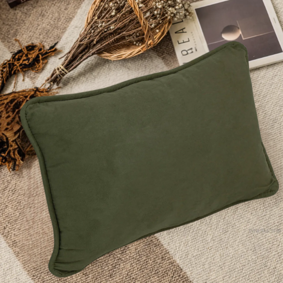 Olive drab microsuede lumbar throw pillow set of 2 with piped edges – decorative rectangular cushions for sofa, bed, and accent chairs