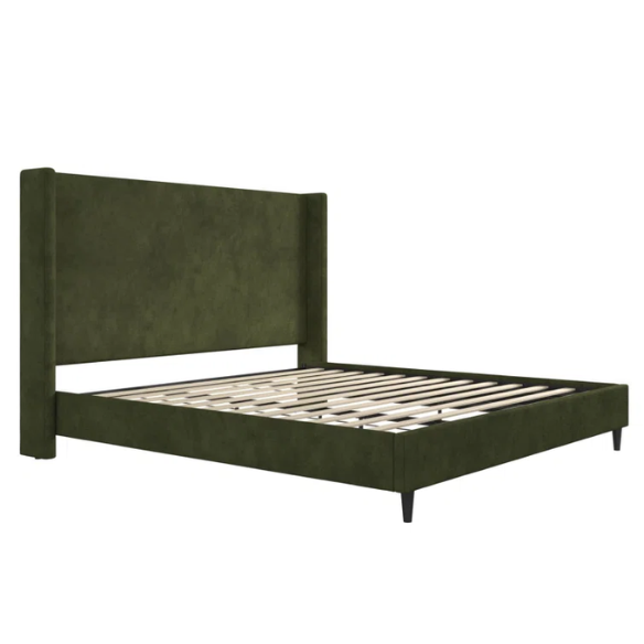 Olive drab upholstered king platform bed with tall wingback headboard and soft woven fabric, no box spring required