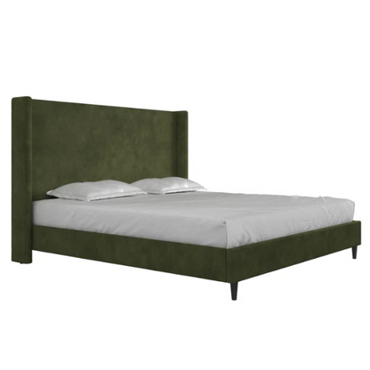 Olive drab upholstered king platform bed with tall wingback headboard and soft woven fabric, no box spring required