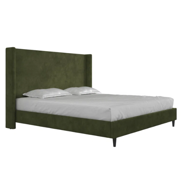 Olive drab upholstered king platform bed with tall wingback headboard and soft woven fabric, no box spring required