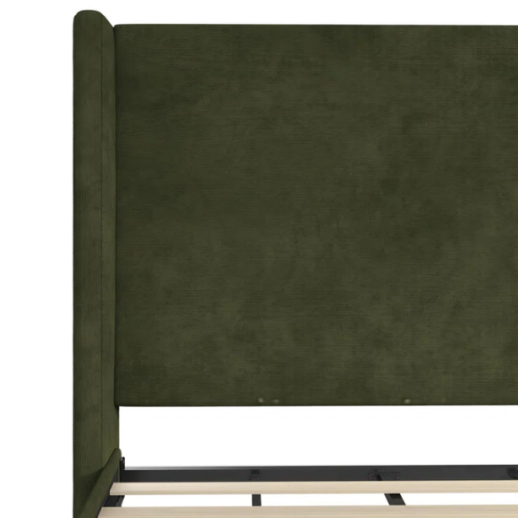 Olive drab upholstered king platform bed with tall wingback headboard and soft woven fabric, no box spring required