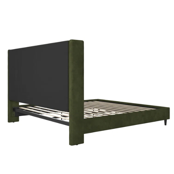 Olive drab upholstered king platform bed with tall wingback headboard and soft woven fabric, no box spring required