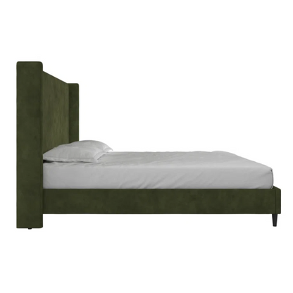 Olive drab upholstered king platform bed with tall wingback headboard and soft woven fabric, no box spring required