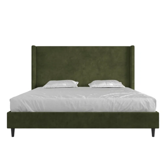Olive drab upholstered king platform bed with tall wingback headboard and soft woven fabric, no box spring required