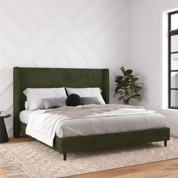 Olive drab upholstered king platform bed with tall wingback headboard and soft woven fabric, no box spring required