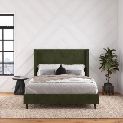Olive drab upholstered king platform bed with tall wingback headboard and soft woven fabric, no box spring required