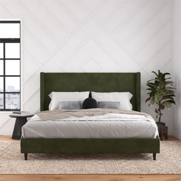 Olive drab upholstered king platform bed with tall wingback headboard and soft woven fabric, no box spring required