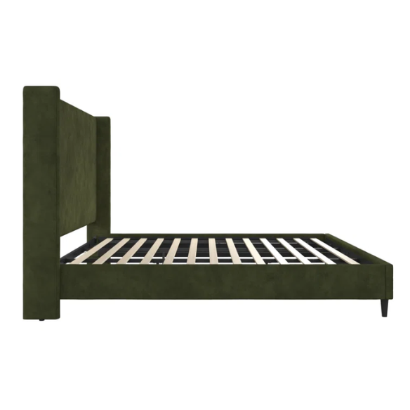 Olive drab upholstered king platform bed with tall wingback headboard and soft woven fabric, no box spring required