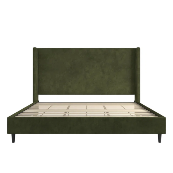 Olive drab upholstered king platform bed with tall wingback headboard and soft woven fabric, no box spring required