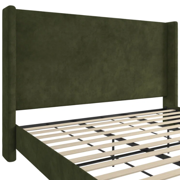 Olive drab upholstered king platform bed with tall wingback headboard and soft woven fabric, no box spring required