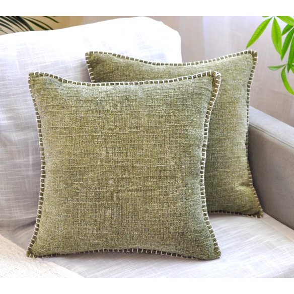 Set of 2 olive green chenille throw pillow covers with hidden zippers and soft velvet-like texture – 20x20 inch reversible decorative cushion covers for sofas, beds, and cozy home décor