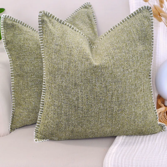 Set of 2 olive green chenille throw pillow covers with hidden zippers and soft velvet-like texture – 20x20 inch reversible decorative cushion covers for sofas, beds, and cozy home décor